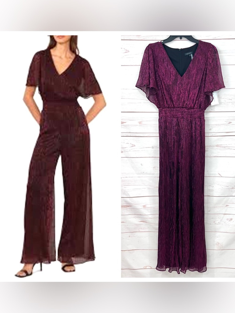 Nordstrom 1.State Metallic Wine V-Neck Flutter Sleeve Wide Leg Plissé Jumpsuit